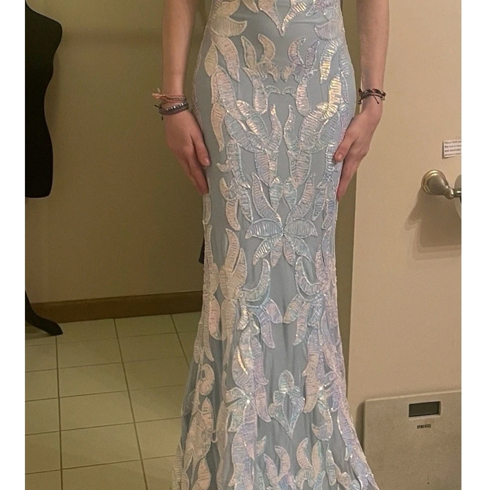 Jovani Light Blue and White Maxi Dress